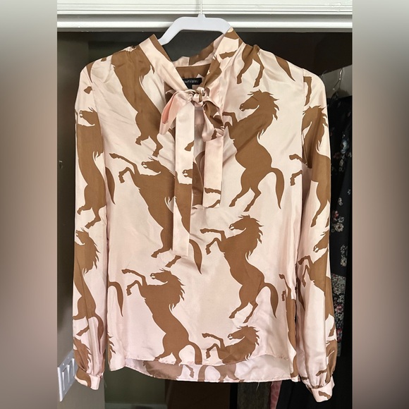100% Silk Horse Print Long Sleeve Shirt Pink + Brown | Y2K Designer - Picture 2 of 12